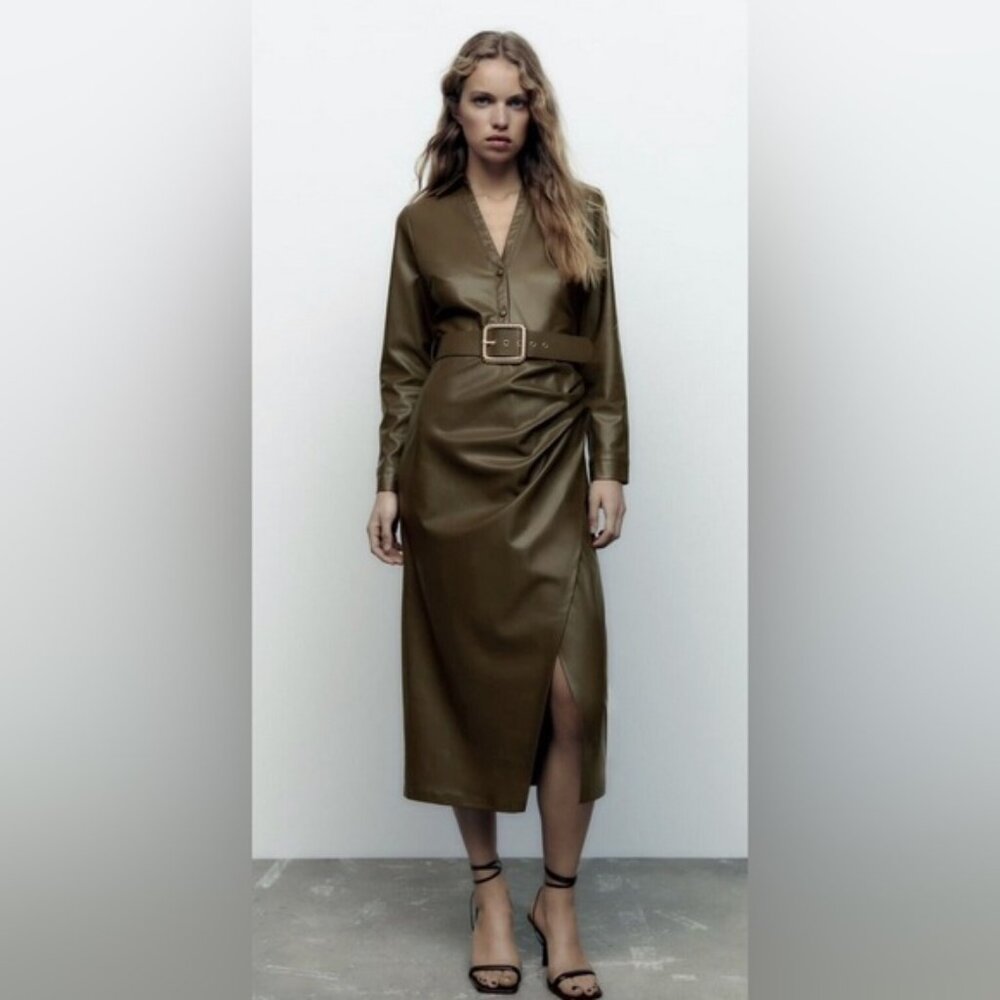ZARA WOMAN'S FAUX LEATHER SHIRT DRESS WITH BELT